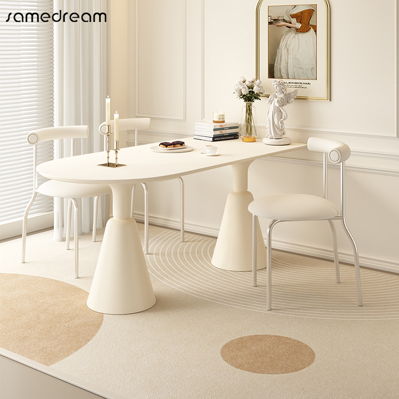 侘寂奶油风餐桌法式岩板极简导台小户型岛台一体餐椅椅靠墙子