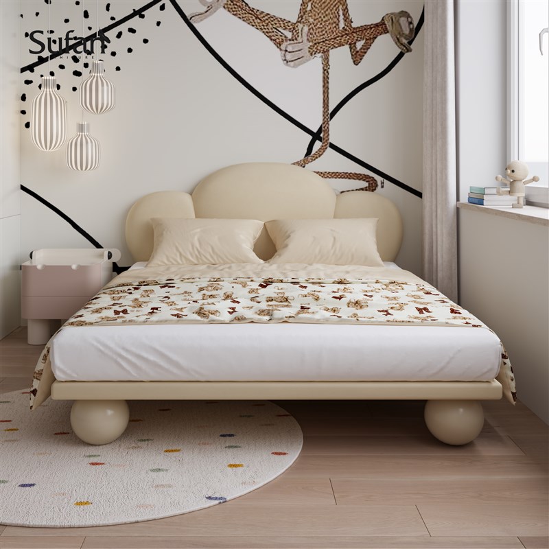 舒梵/泡泡床/实木布艺儿童床/法式现代奶油风粉色次卧小户型家具