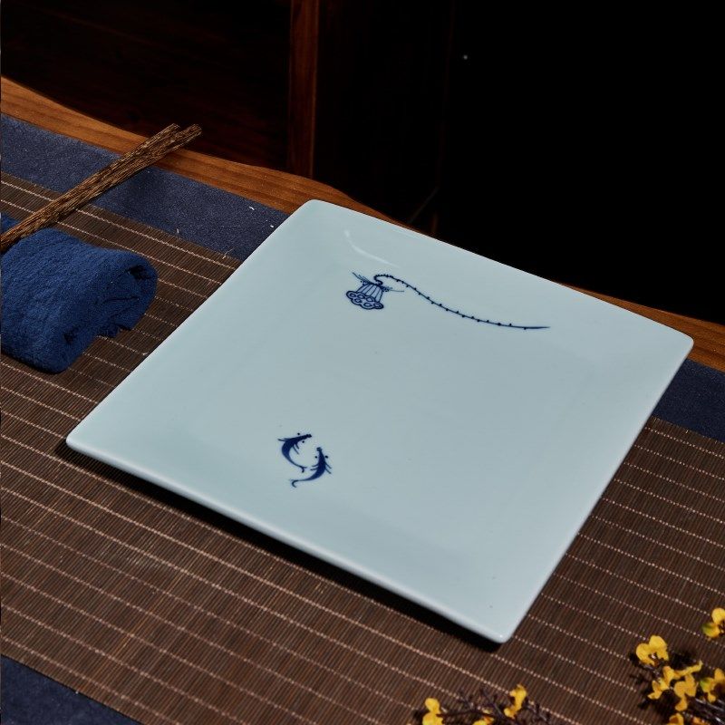 中式手绘影青瓷长方形冷切牛肉盘商用白切鸡正方盘子凉菜点缀平盘