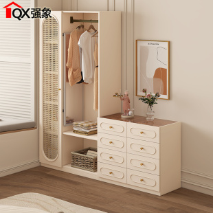 奶油原木风仿藤编床尾柜斗柜一体挂衣架衣柜卧室抽屉柜衣帽架A63