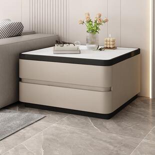 客厅沙发边柜轻奢新款移动高级侧边实木岩板皮质夹缝简约现代茶几