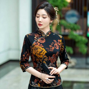 旗袍上衣中式服改良款女妈妈装中袖民族风打底小衫复古盘扣唐装