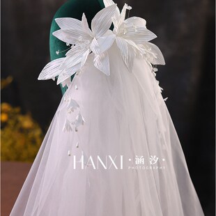 新款森系超仙缎面花朵发夹头纱结婚主婚纱头饰旅拍领证晨袍配饰品