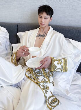 高级感缎面睡袍风衣男春夏宫廷风复古印花宽松薄款无扣外套中长款