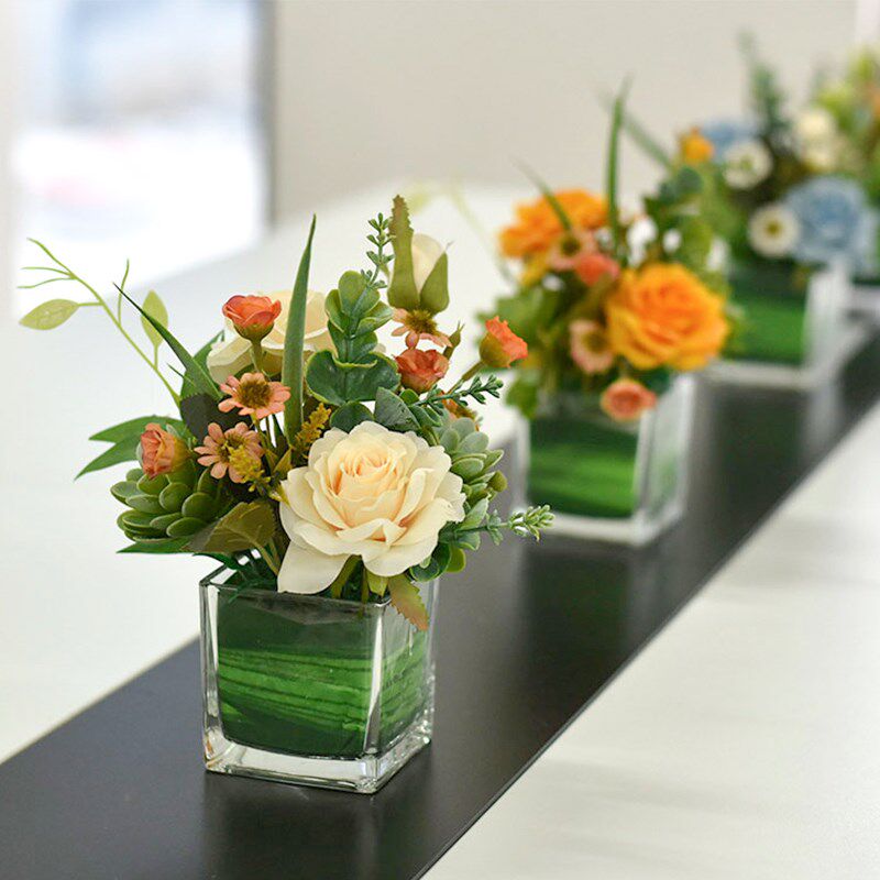 商务会议桌面摆件玻璃花瓶仿真假花客厅茶几桌面装饰花艺酒店餐厅