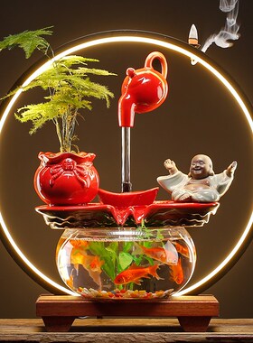 创意现代简约小型玻璃鱼缸水循环流水摆件家居客厅桌面微景观装饰