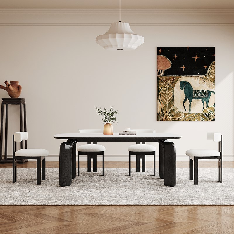 黑色实木餐桌家用奶油风小户型极简侘寂风长方形白蜡木岩板餐桌椅