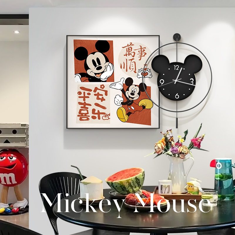 米奇饭厅装饰画 画挂钟平安喜乐客厅挂画 画钟表餐桌背景墙创意时