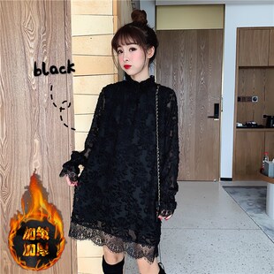 蕾丝加绒打底衫女长袖秋冬新款宽松大码连衣裙中长款t恤加厚上衣