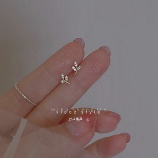 耳钉迷你水钻橄榄枝耳钉女小众树枝耳饰睡觉不用摘的耳环耳钉日韩