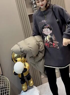 2023冬季新款美式卡通印花加绒加厚纯棉套头卫衣女宽松中长款上衣