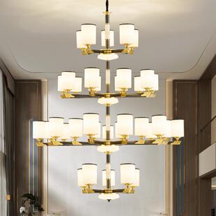 新中式全大层铜实复式楼227客厅大吊灯奢华大木气别墅楼梯跃中空