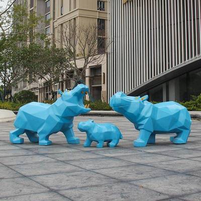 户外落几何tb-71856块面犀牛河马动物钢璃雕塑公玻园售楼部园林景