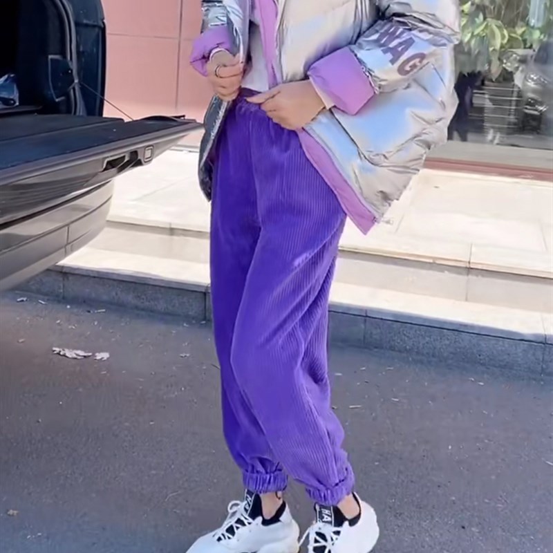 细条绒时尚老爹厚高腰大码长裤子秋冬灯芯绒女裤松紧腰小脚休闲裤