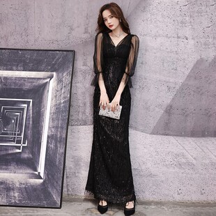 金色晚礼服高端大气连衣裙女气质高级感轻奢小众2024新款主持人秋