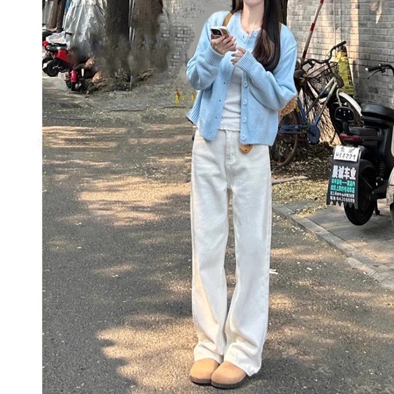 白色窄版阔腿牛仔裤女春季2025新款小个子高腰宽松显瘦垂感直筒裤