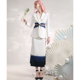 茬客新中式御姐渐变套装25年新款复古水墨色设计扭结西装半身长裙