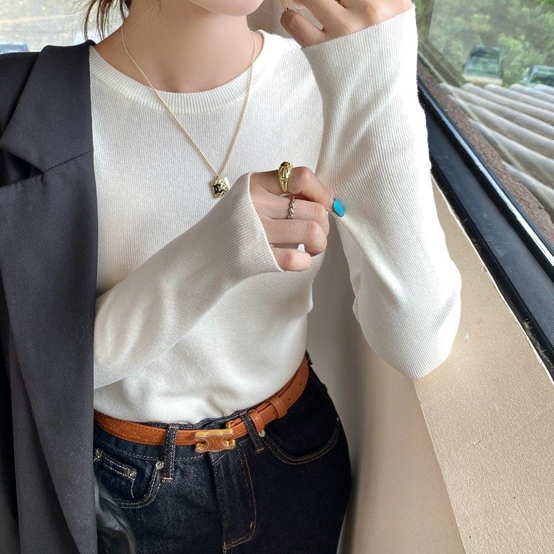 灰色圆领长袖打底衫女内搭2024春秋新款薄款毛衣修身百搭针织上衣