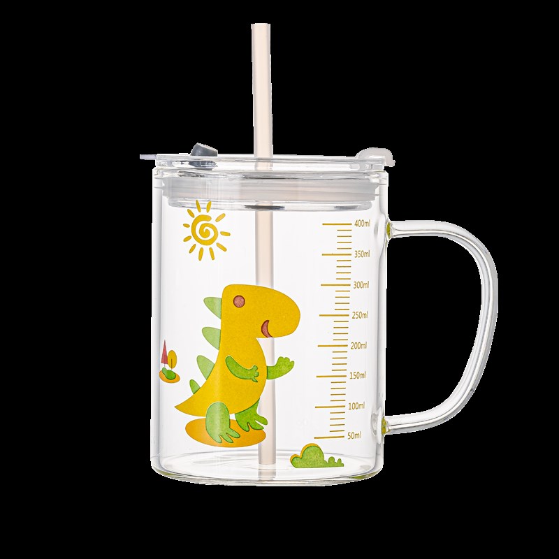 吸管玻璃杯家用儿童水杯带盖刻度牛奶杯子女夏季可爱喝水茶杯带把