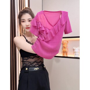 夏天新款性感钉珠V领短袖t恤女遮肚子显瘦气质百搭修身荷叶边上衣