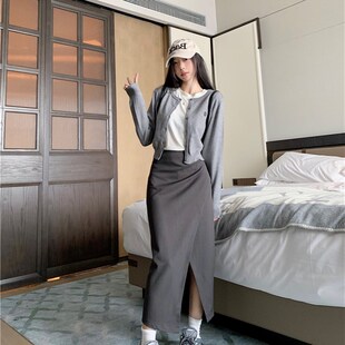 MM谢谢家大码针织开衫2024外搭毛衣套装女长袖上衣半身裙三件套潮