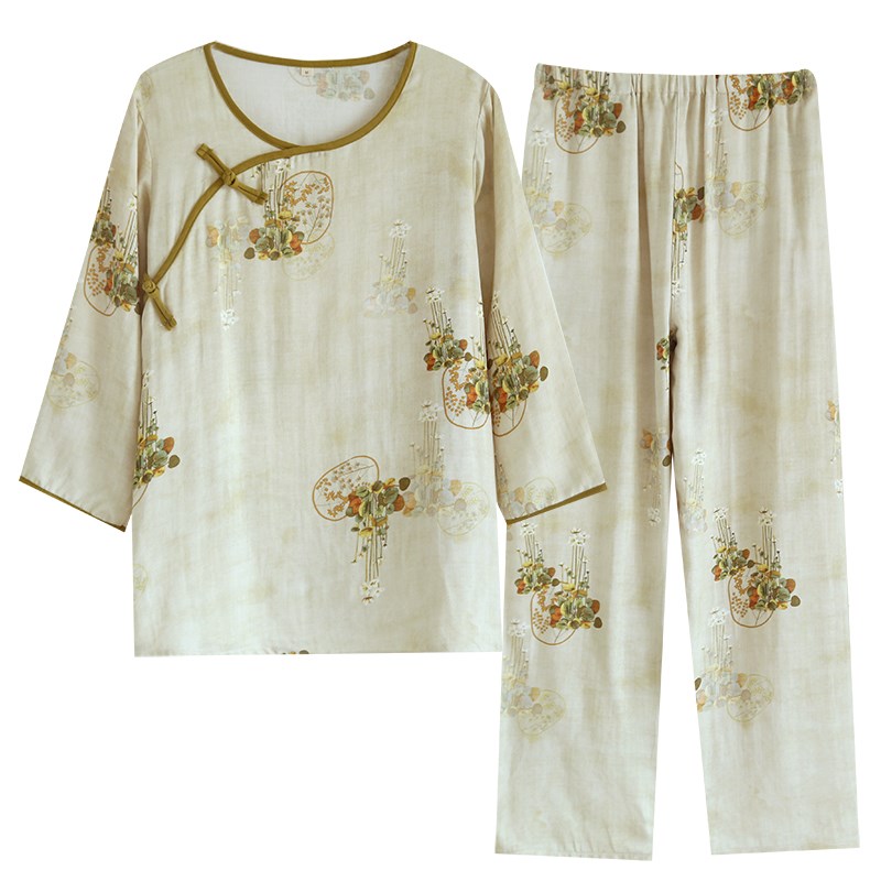 睡衣女复古国风春夏薄款纯棉纱布竹纤维清新休闲中式长袖长裤套装