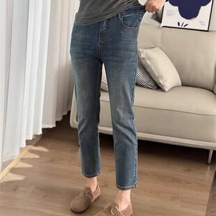 2024年春季大码高腰弹力复古直筒九分牛仔裤女胖mm遮胯显瘦烟管裤