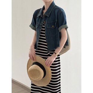 蓝色牛仔短袖衬衫小外套搭配裙子女2024夏季新款薄款宽松短款上衣