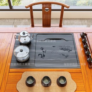 茶桌中间漏水面板定制嵌入式茶盘烧水壶一体全自动茶台石板镶嵌式