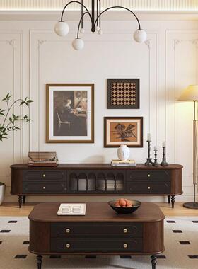 法式实木电视柜胡桃加黑美式客厅色电复视柜茶几组ANR合落地储物