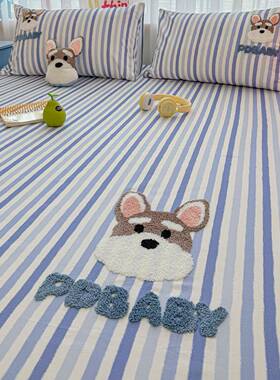 A套类纯YUJ老粗布床笠件全棉儿单童床罩床垫保棉护罩宿舍床单三件