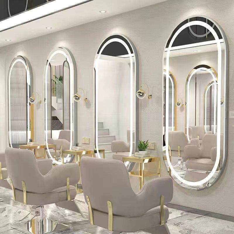 发店网红镜子挂式墙美发镜台单面廊带灯镜壁al123挂理发LED镜专用