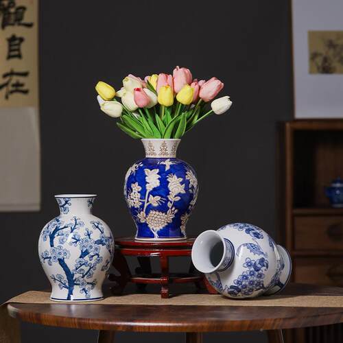 青花瓷创意陶瓷小花摆瓶PGZ件工艺品客饭博古架水厅培厅花卉