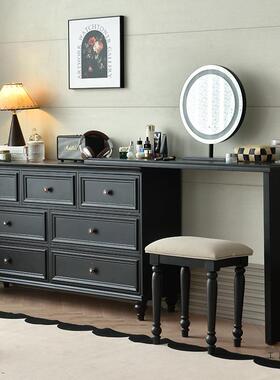 美AVM收式复古实木斗梳妆台柜室一体床尾卧经典黑色法式化妆桌纳