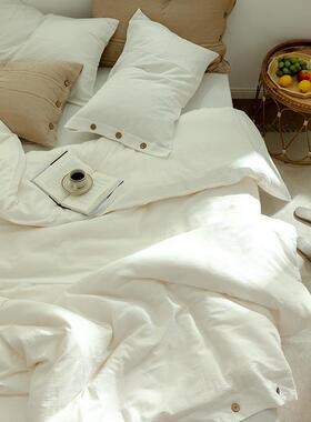 然A类全棉提水洗棉酒纯色四件套天花纽扣款民宿店白被HCZZ套床单