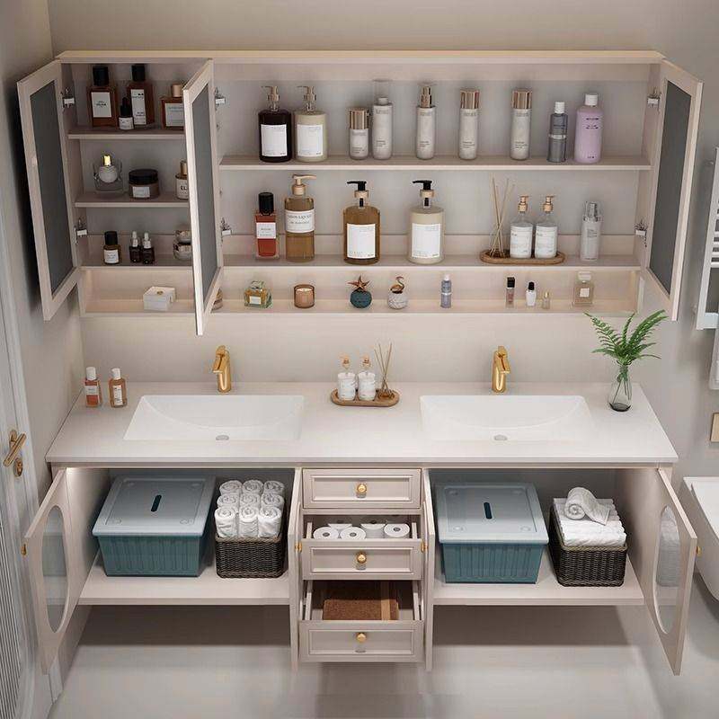 轻奢美式岩板一体无缝盆浴室柜组合奶油风卫生间双盆洗漱台盆吊柜