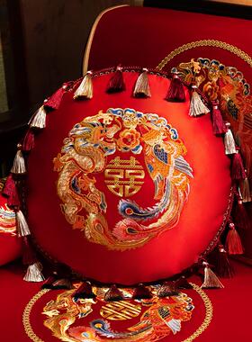 婚庆礼物喜字WND结婚抱房枕对婚礼一红色靠枕凤抱枕婚布龙置靠垫