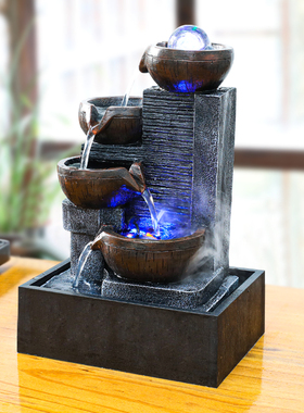 小型流水摆件循环水客厅茶台装饰品办公桌流水生财迷你喷泉水车轮