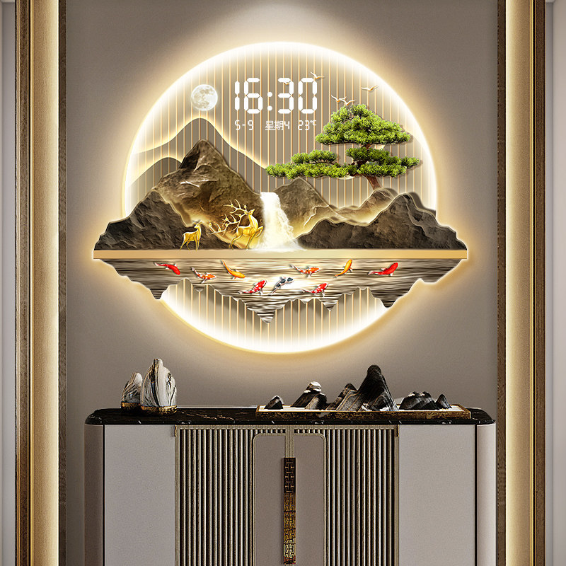 入户玄关装饰画带灯钟表挂钟客厅高级感流水生财挂画电子时钟挂墙
