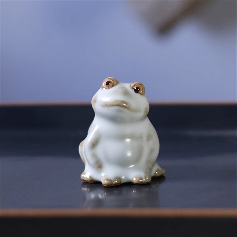 福蛙萌呱呱汝窑茶宠小青蛙开片可养茶玩茶盘茶桌配件陶瓷小摆件