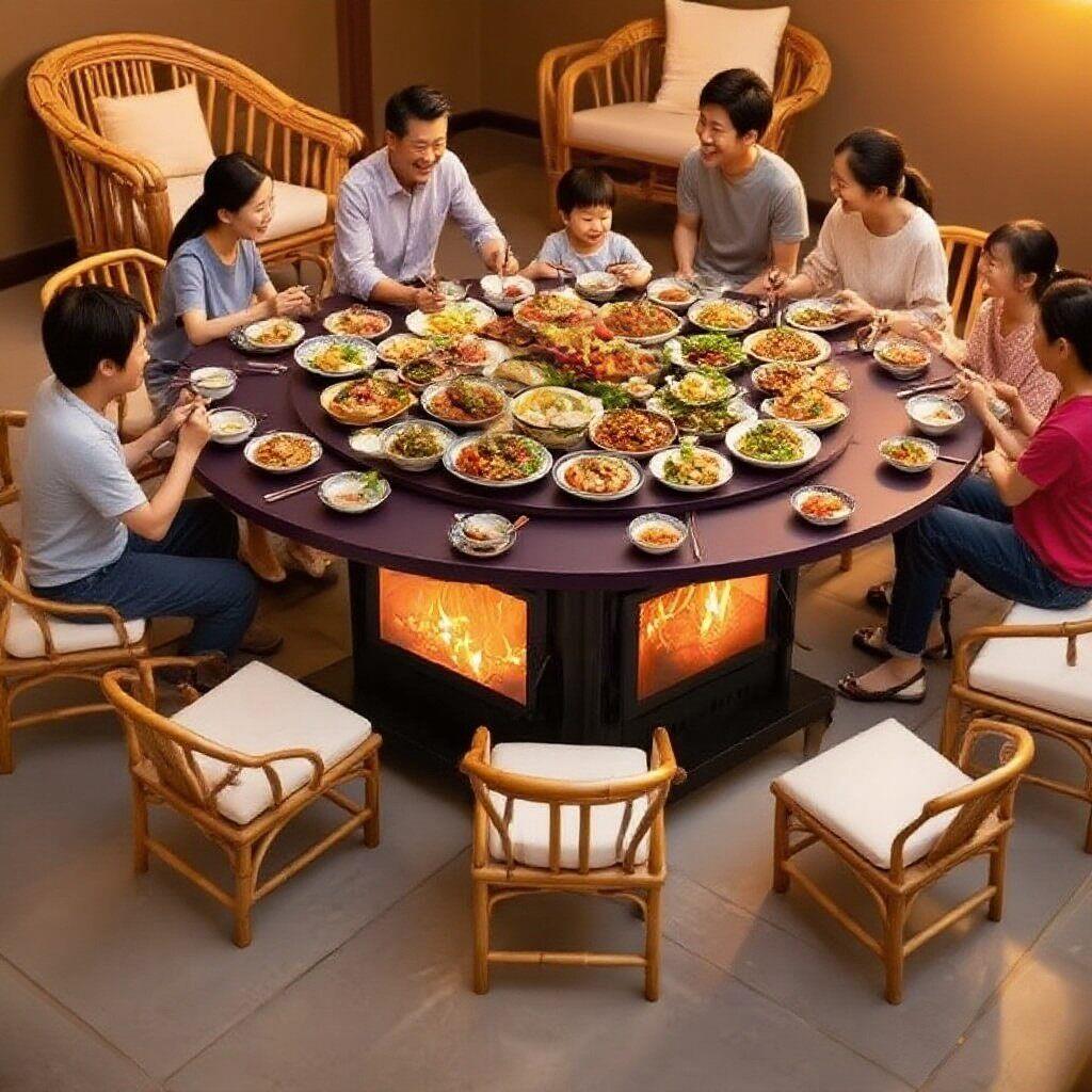 沃贝斯四面观火可旋转圆形餐桌式柴火取暖炉饭厅室内取暖烤火桌