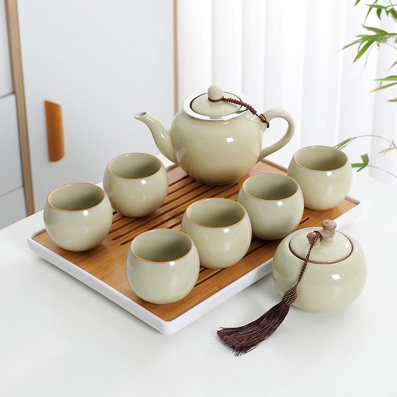 高档米黄汝窑提梁壶开 片茶具套组家用大号茶壶网红简约现代茶杯