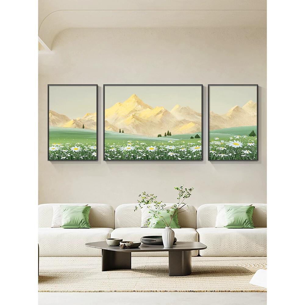日照金山装饰画客厅东墙靠山挂画北欧沙发背景墙山水风景三联壁画