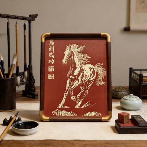2026年新款马到成功铜雕摆台画桌面实木摆台画书饰画客厅书房摆件