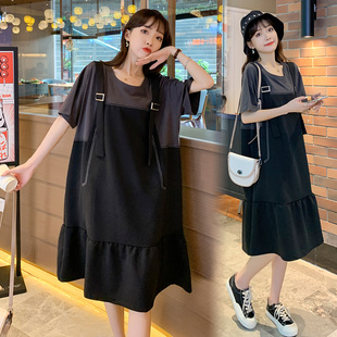 大码孕妇连衣裙夏长款女宽松背带裙洋气潮妈假两件减龄显瘦200斤