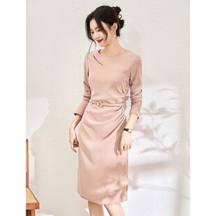 通勤气质主持演讲连衣裙女长袖2024春装新款修身显瘦抽褶中长裙子