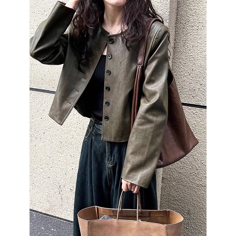 皮衣外套女2024新款韩版百搭显瘦单排扣pu机车服小个子短款皮夹克