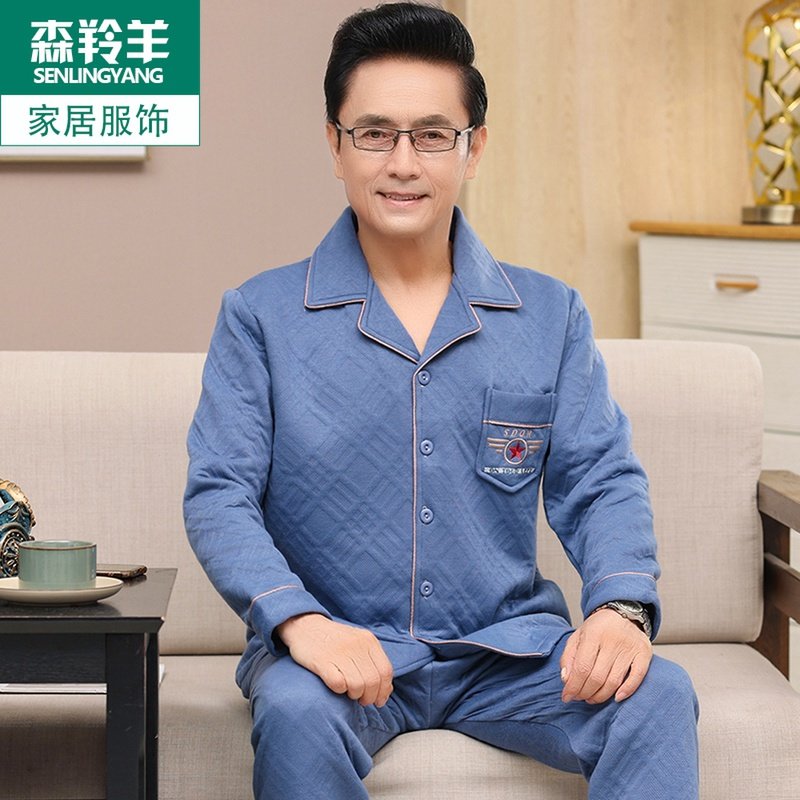 秋冬款纯棉睡衣男士长袖家居服中老年爸爸夹层空气棉开衫加厚套装