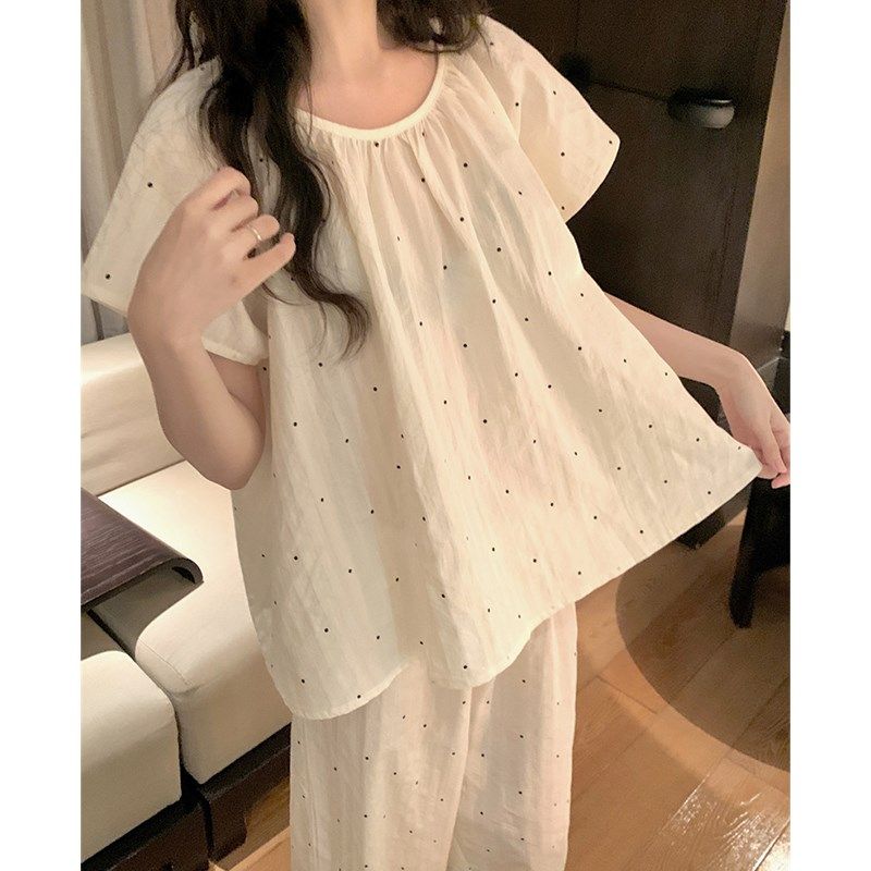 韩版简约波点睡衣女夏纯棉麻短袖长裤轻薄透气圆领套头家居服套装,女士内衣/男士内衣/家居服,睡衣/家居服套装,淘宝优惠券,粉丝福利购,淘宝优惠卷