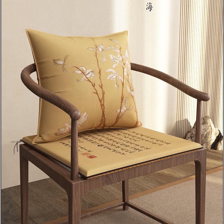 椅宋垫式美学中式椅坐梅圈竹图JYN兰花亚麻茶椅椅子太师椅餐椅坐